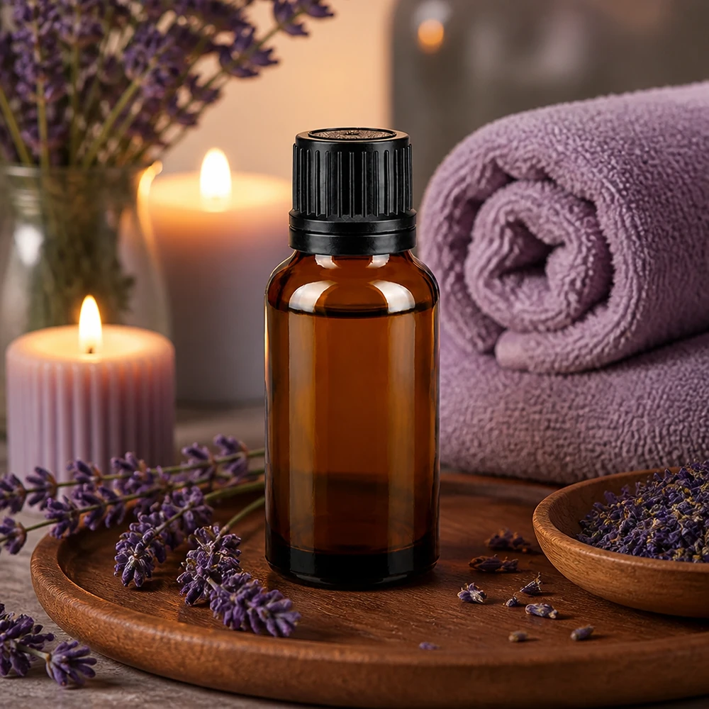 Bruine glazen fles 20ml met zwart druppelsluiting 1mm VR ApoGlas-flesje van 20 ml met schroefdop, in een ontspannende spa-sfeer met lavendel