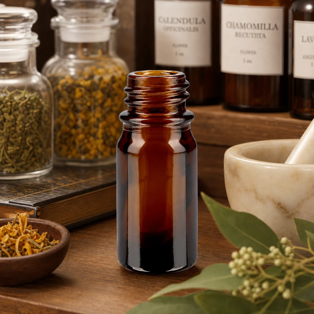 5ml bruin apothekersflesje ApoGlas met kruidenpotjes en vijzel voor natuurlijke remedies en tincturen