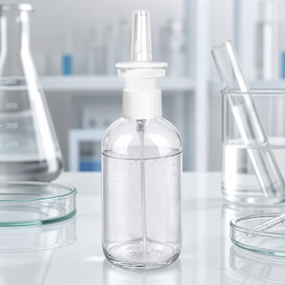100ml neusspray flacon w./tr. STD ClearLine UT18/100 100 ml ClearLine-neussprayfles in het laboratorium met een Erlenmeyer-kolf en petrischalen