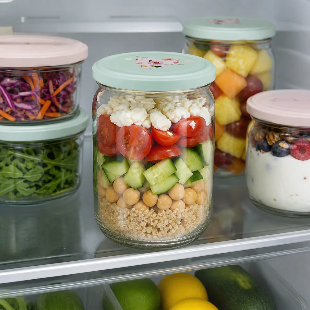 Meal-Prep-pot 555 ml UniTwist met mintgroene deksel in de vorm van een hartje voor verse ingrediënten en het voorbereiden van maaltijden voor de hele week