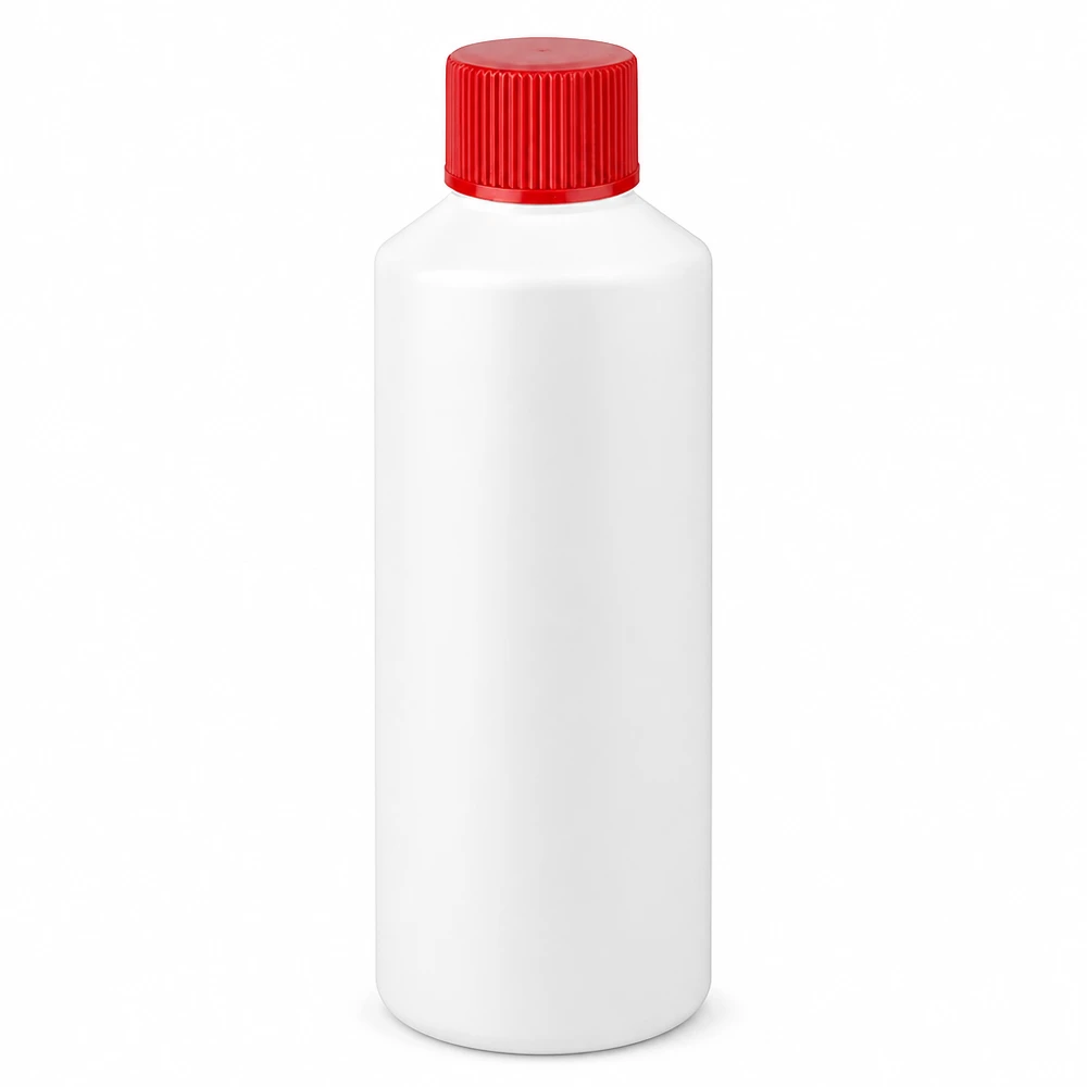 PET cilinderfles 100ml wit met schroefsluiting rood Witte fles met ronde kop van 100 ml, gemaakt van HDPE-kunststof, met een rode schroefdop
