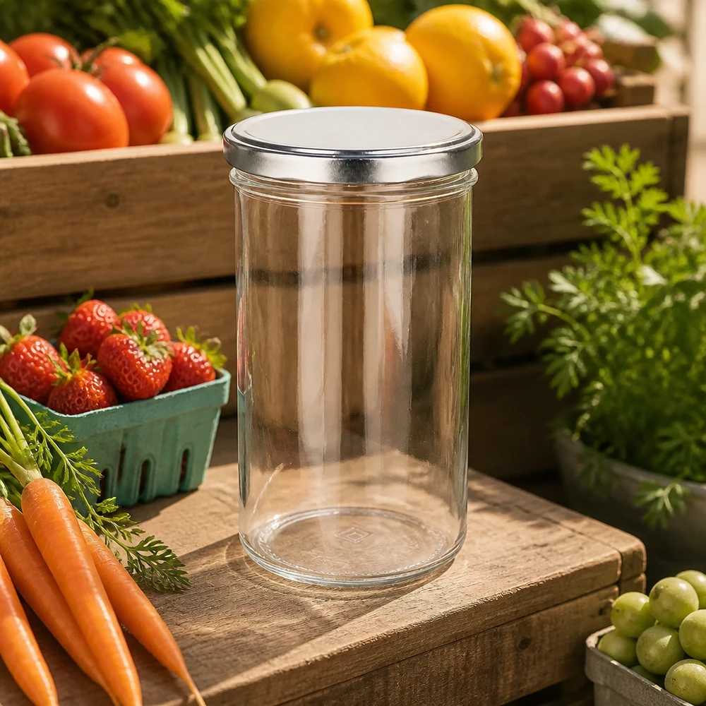 277 ml bekers met BasicSeal deksel zilver tussen vers fruit en groenten natuurlijke keukenomgeving
