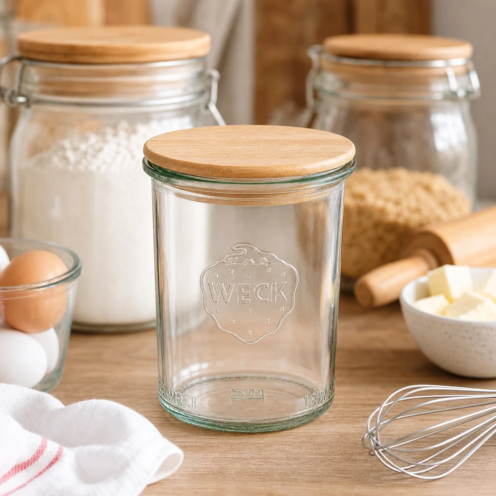 160ml stortglas WECK RR60 met hout deksel WECK 160ml RR60 mason jar met houten deksel in een rustieke keuken tussen bakingrediënten en kookgerei
