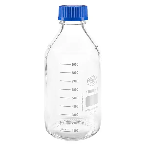 1000 ml laboratoriumfles met schroefdraad + blauwe dop + ring