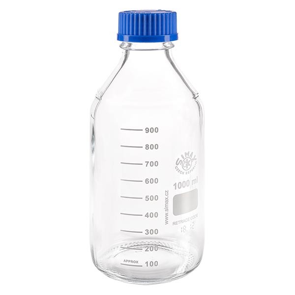 1000 ml laboratoriumfles met schroefdraad + blauwe dop + ring 1000 ml laboratoriumfles met schroefdraad + blauwe dop + ring