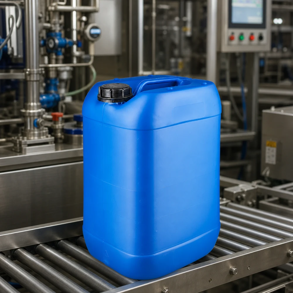 Stapelbare industriële jerrycan van 25 liter, blauw, met zwarte OV-schroefdop en draaggreep