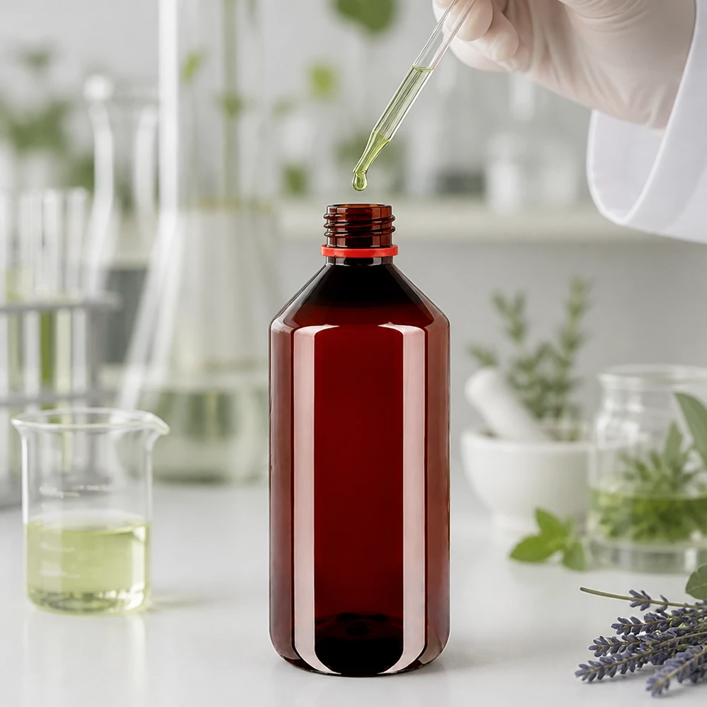 Bruine plastic fles van 1 liter met rode garantring, ideaal voor etherische oliën