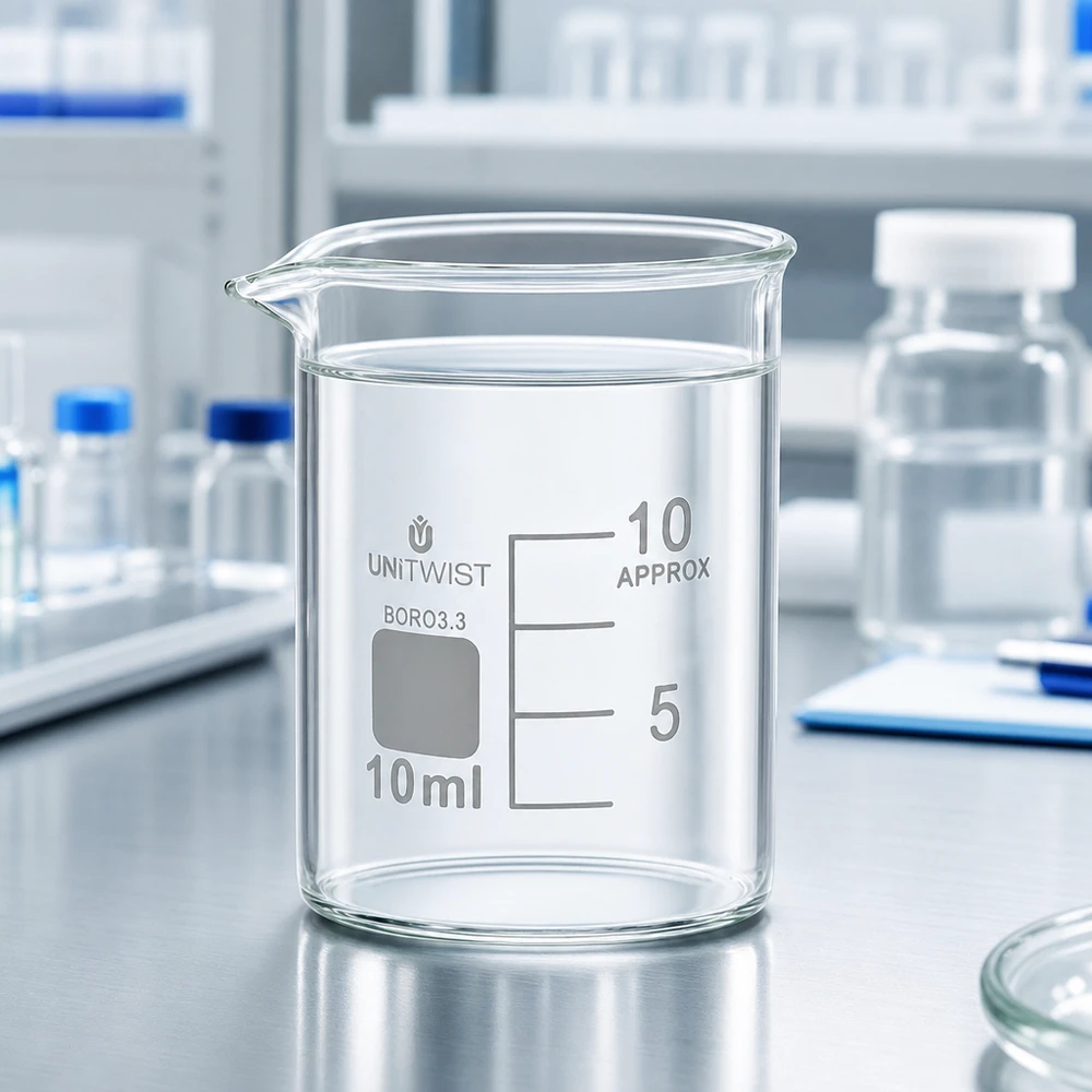 UNiTWIST bekerglas van 10 ml met karakteristieke schenktuit en dikke glasrand voor veilig werken