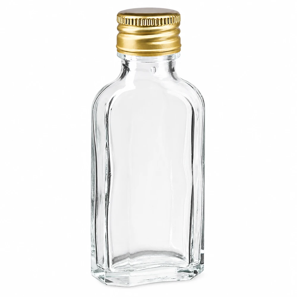 50 ml Meplat helder met aluminium dop goud PP22 Vlakke glazen fles van 50 ml, Meplat, helder, met goudkleurige aluminium schroefdop PP22, leeg