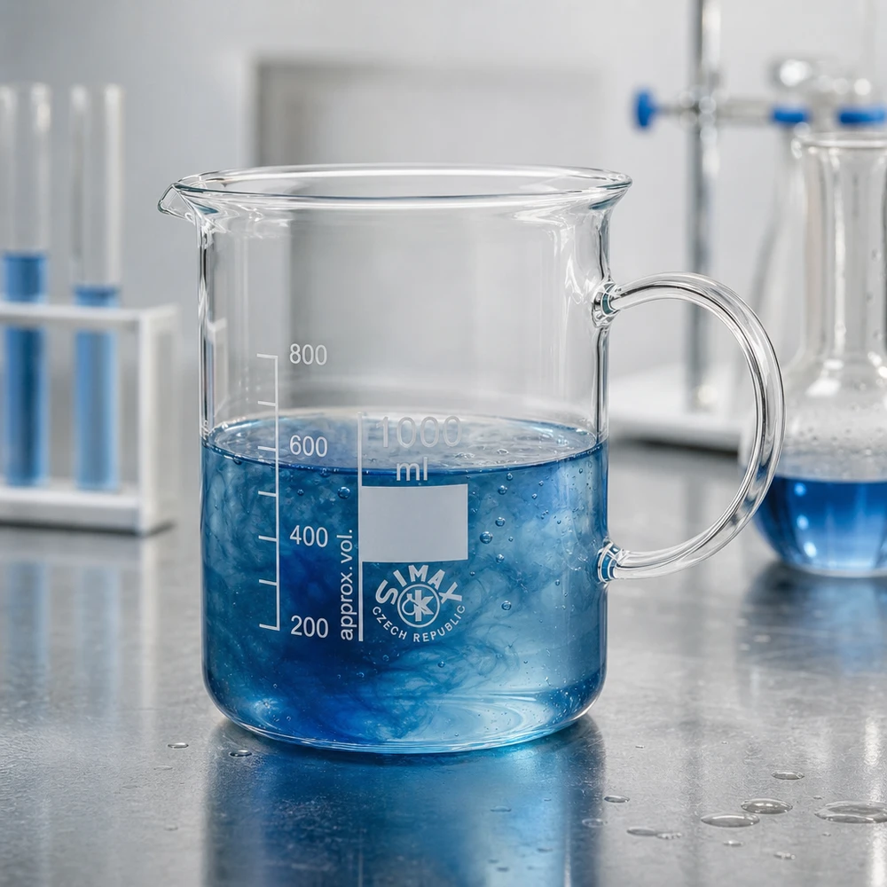 Simax-beker met handvat, inhoud 1000 ml, met blauwe oplossing tijdens het mengen