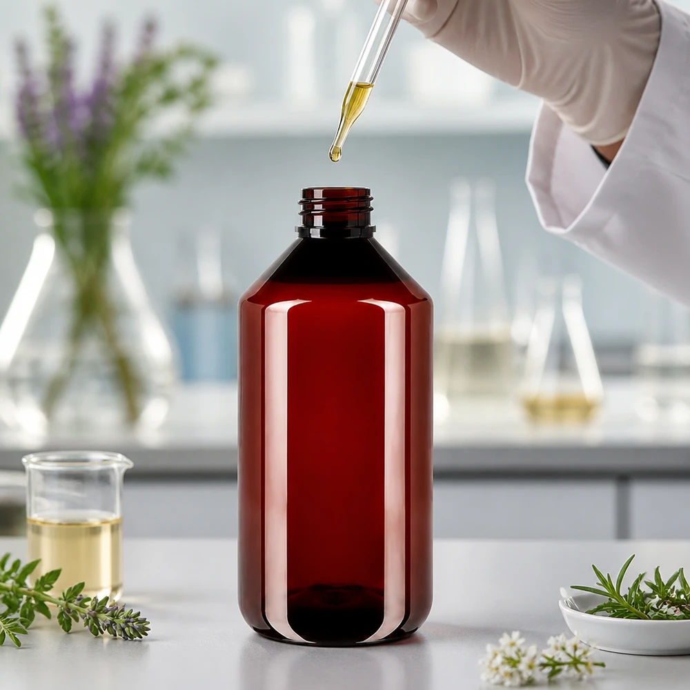 PET fles 750ml met ontgassingsdop rood Grote bruine plastic fles van 750 ml met ontgassingsdop, geschikt voor laboratoriumtoepassingen