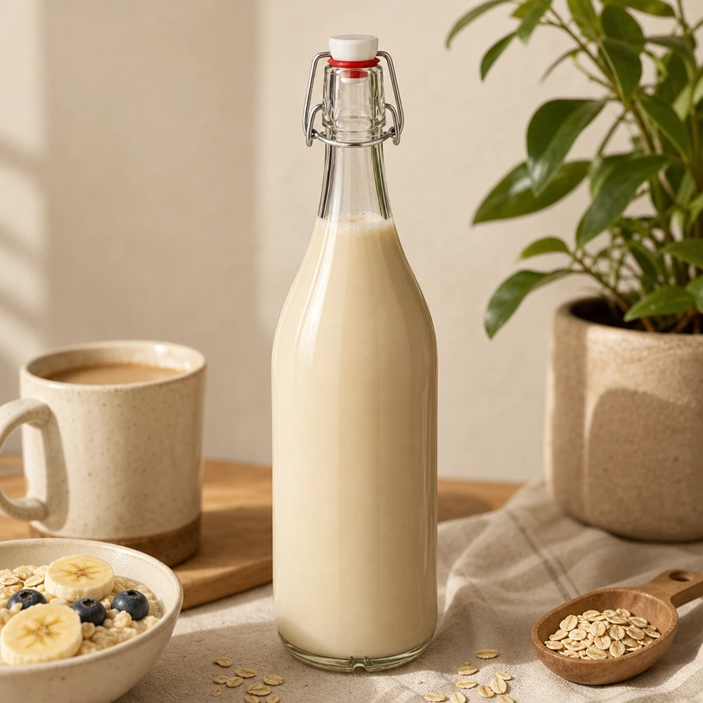1000ml glazen fles met draaidop gevuld met havermelk op houten tafel naast koffiekopje en havervlokken