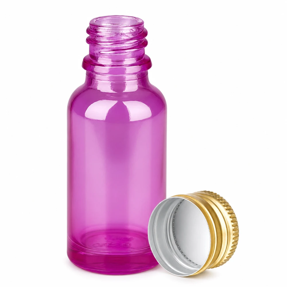 Paars gekleurde glazen fles 2cl inhoud met standaard sluiting 11mm schroefdraad