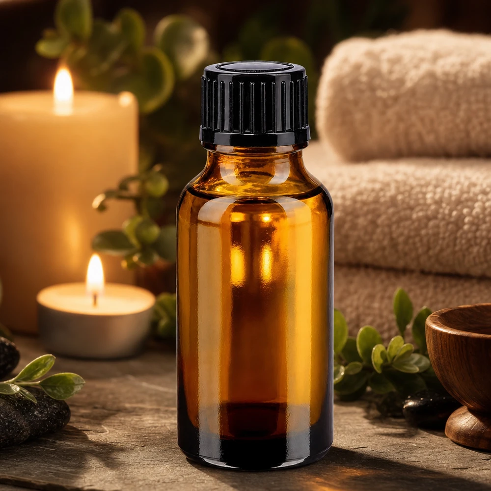 Een bruine glazen fles van 20 ml met een zwarte veiligheidsdop op een rustieke houten tafel