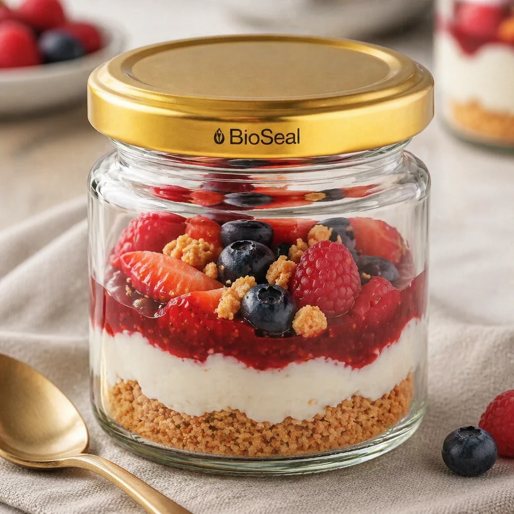 53ml rond glas met BioSeal deksel goud UNiTWIST UNiTWIST Runda53 met gouden TO43 BioSeal deksel als dessertpot voor bessenyoghurt gelaagd dessert met biscuitbodem