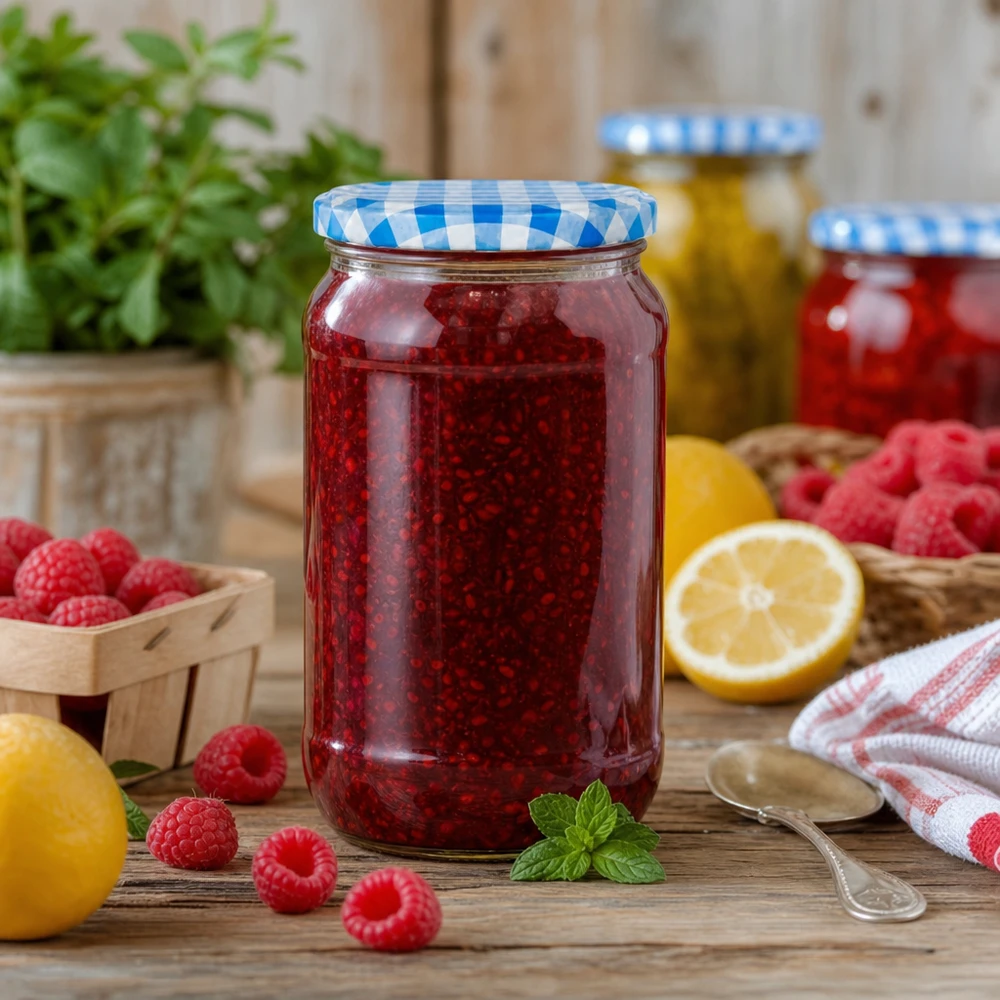 1062ml ronde pot gevuld met frambozenjam, BasicSeal deksel blauw en wit, perfect voor zelfgemaakte jam en vruchtengelei.