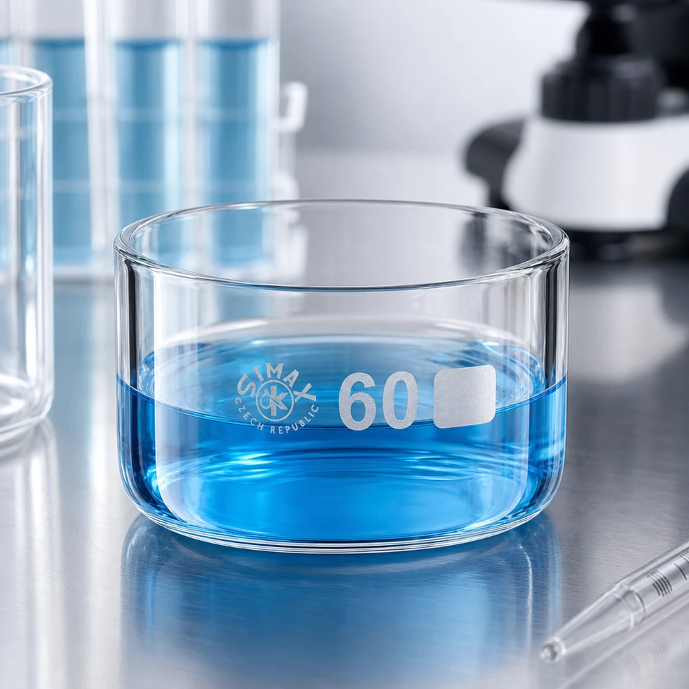 Simax-kristallisatieschaal van 60 ml zonder uitgietmond, naast een microscoop en een pipet in het onderzoekslaboratorium