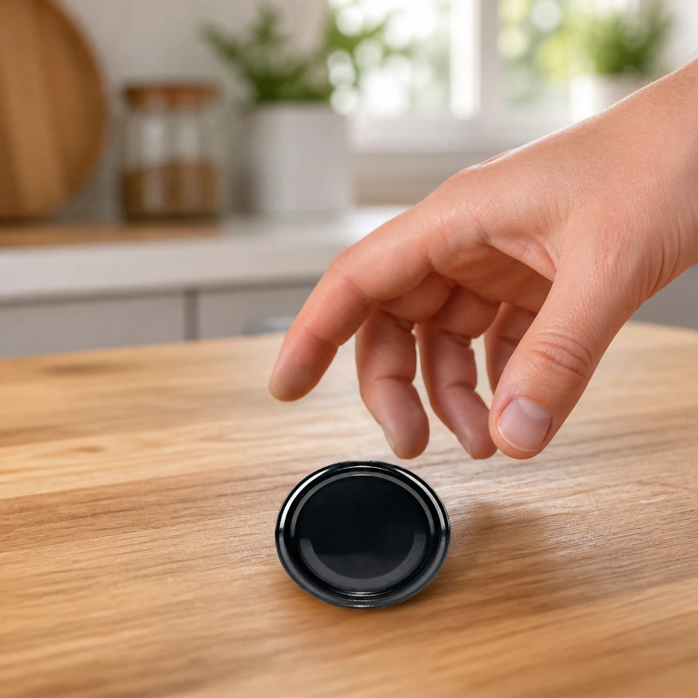 Compacte zwarte TO82 twist-off-deksel UNiTWIST BPA-NI BioSeal keuken houten tafel close-up