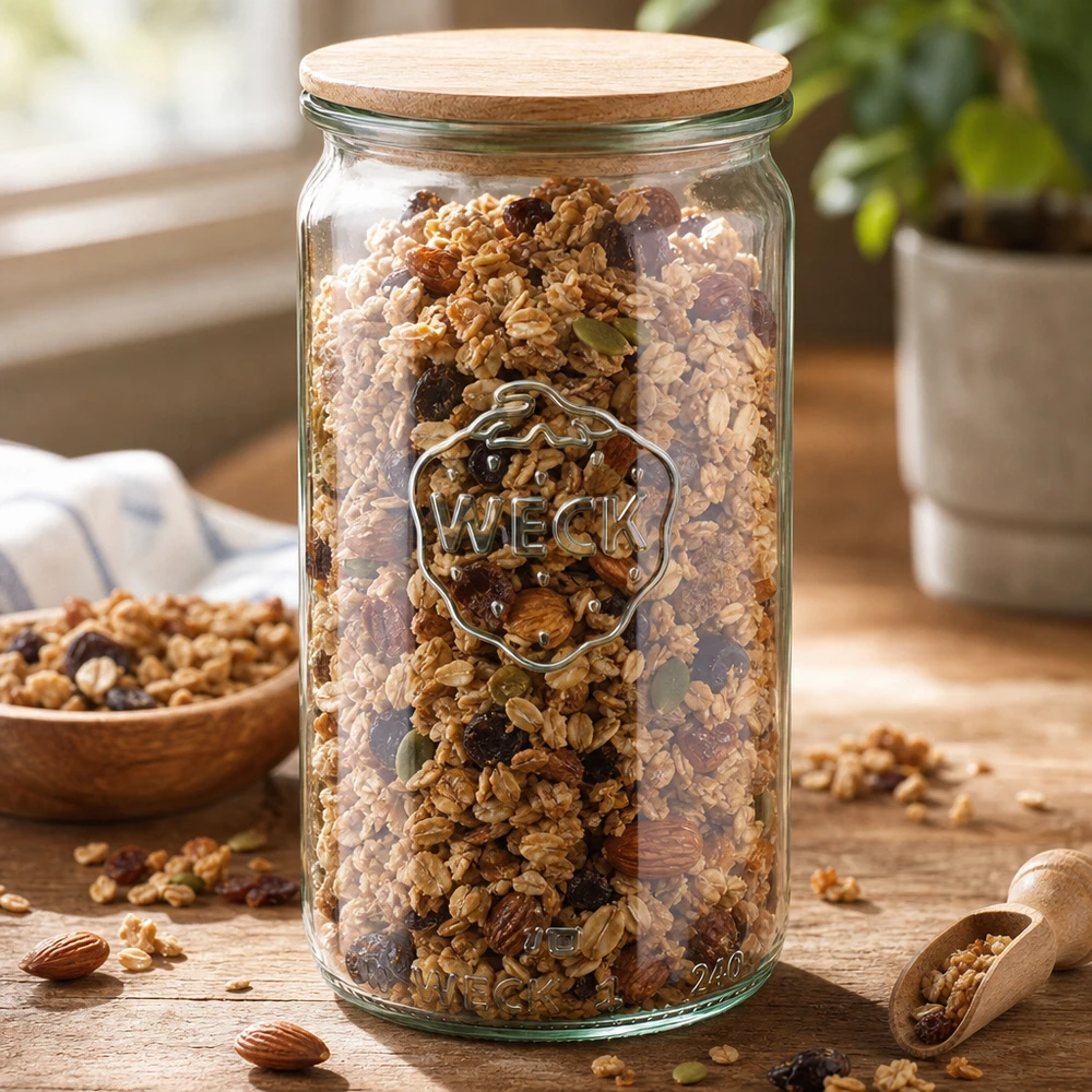 WECK cilinderpot 340ml RR60 gevuld met muesli en noten als voorraadpot met houten deksel op aanrecht