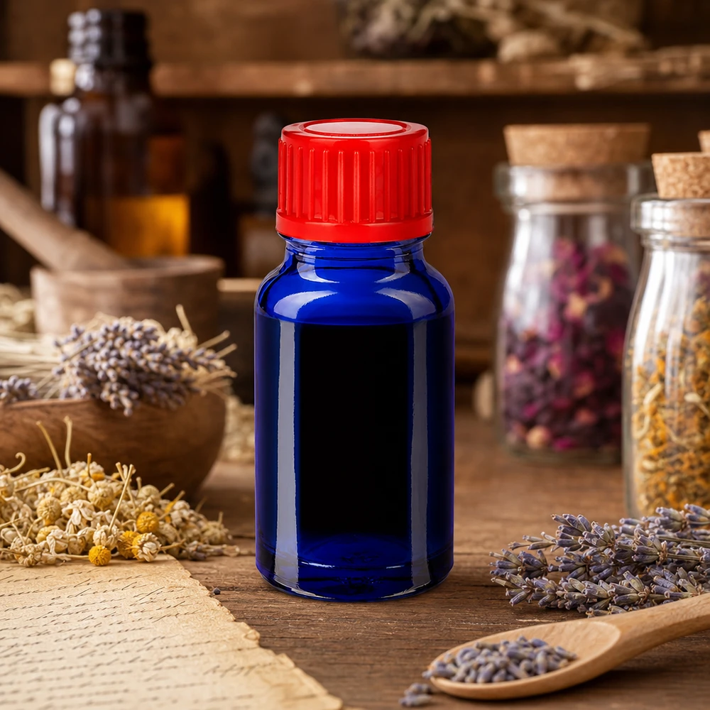 10ml fles 11mm SV rood STD BlueLine UT18/10 Nauwkeurig 10ml doseerflesje van donkerblauw glas met ergonomische dop