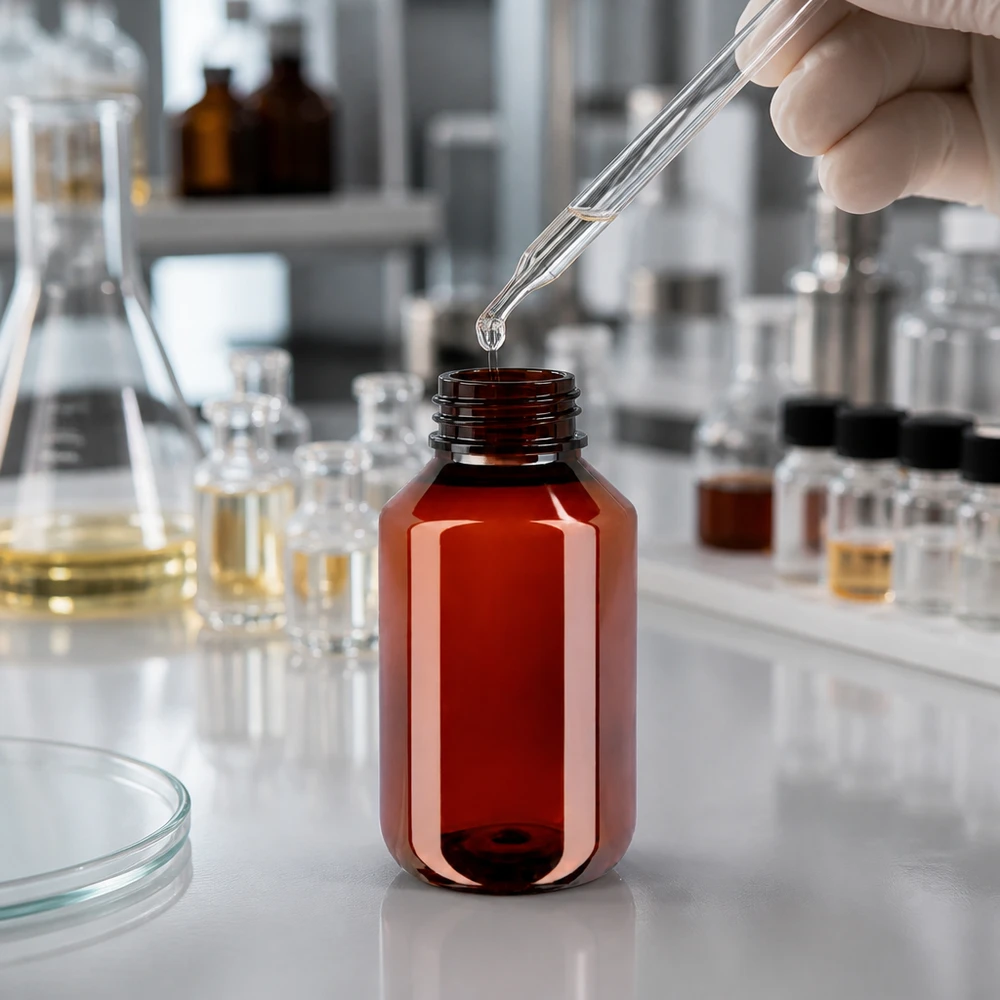 Medische afvulling in een amberkleurige PET-fles met smalle hals van 100 ml en een klapdop