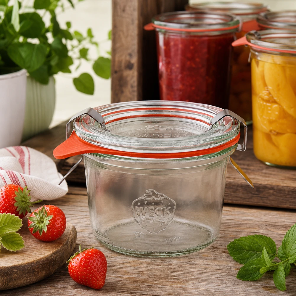 WECK 80ml RR60 bekers in een rustieke keuken met aardbeien en inmaakpotten met jam op de achtergrond