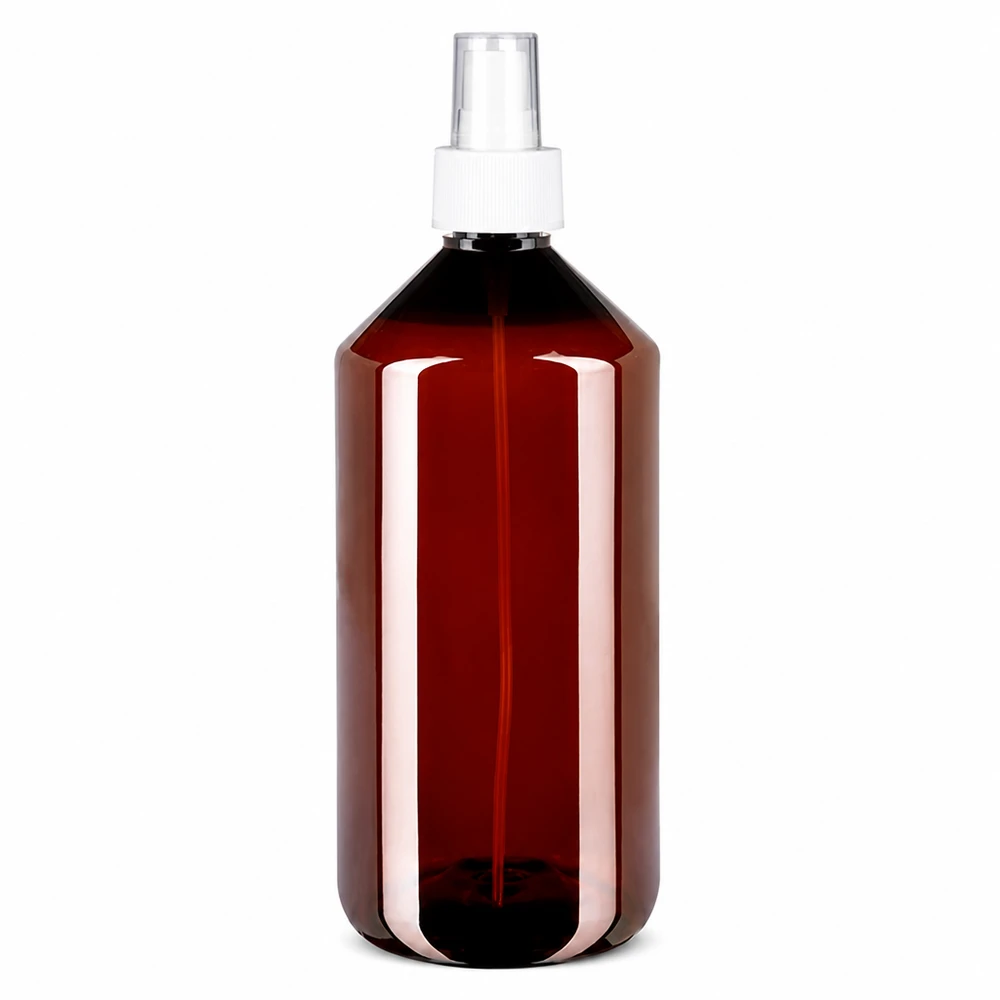 1000 ml PET medicijnfles met verstuiver wit GCMI 28/410 incl. dop transparant, standaard 1000 ml verstuiverfles, bruin-transparant, van PET, met witte verstuiverkop en dip-tube