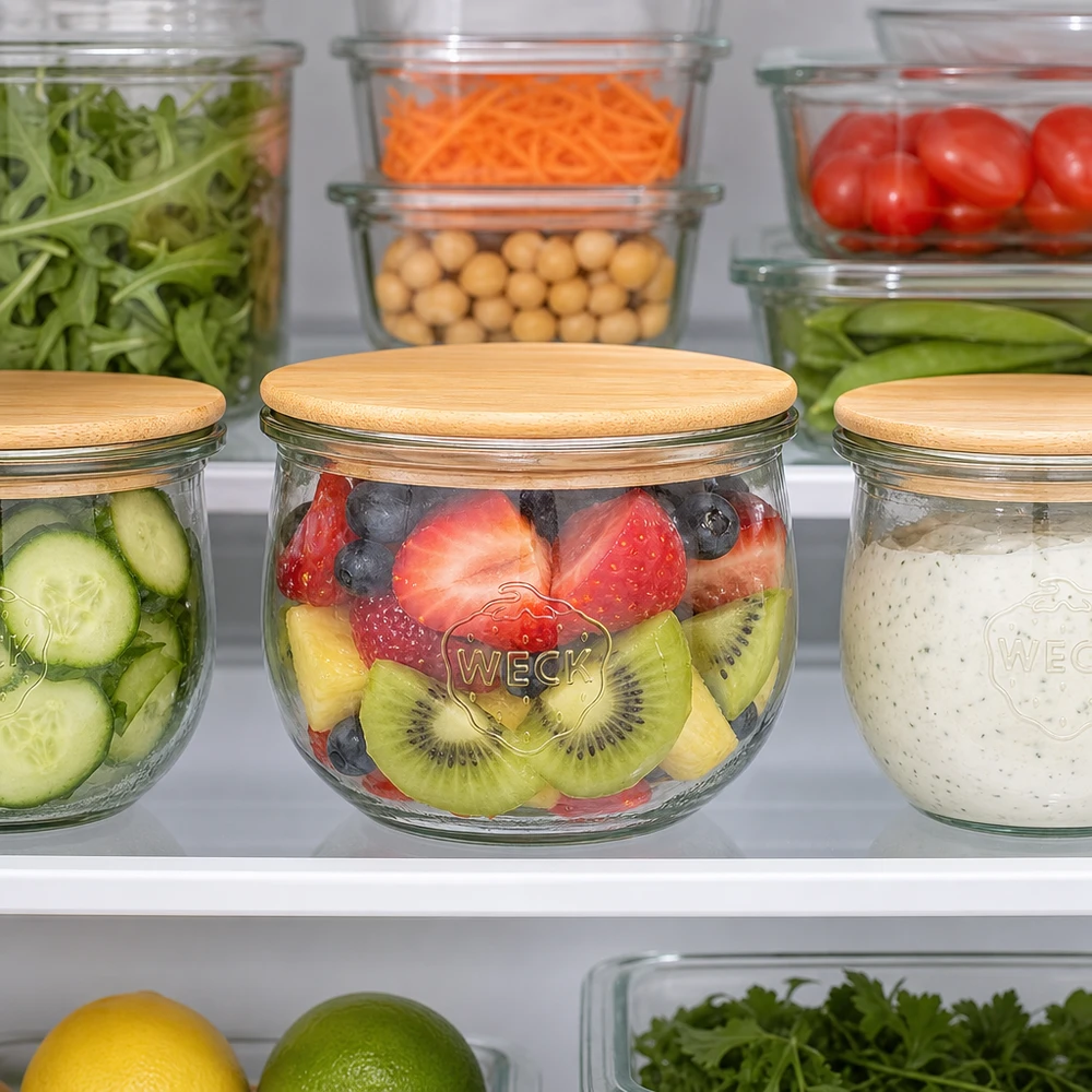 580ml tulpenglas WECK RR100 met hout deksel WECK Tulpenglas 580ml RR100 mit Holzdeckel im Kühlschrank - perfekt für frische Früchte und gesunde Meal-Prep