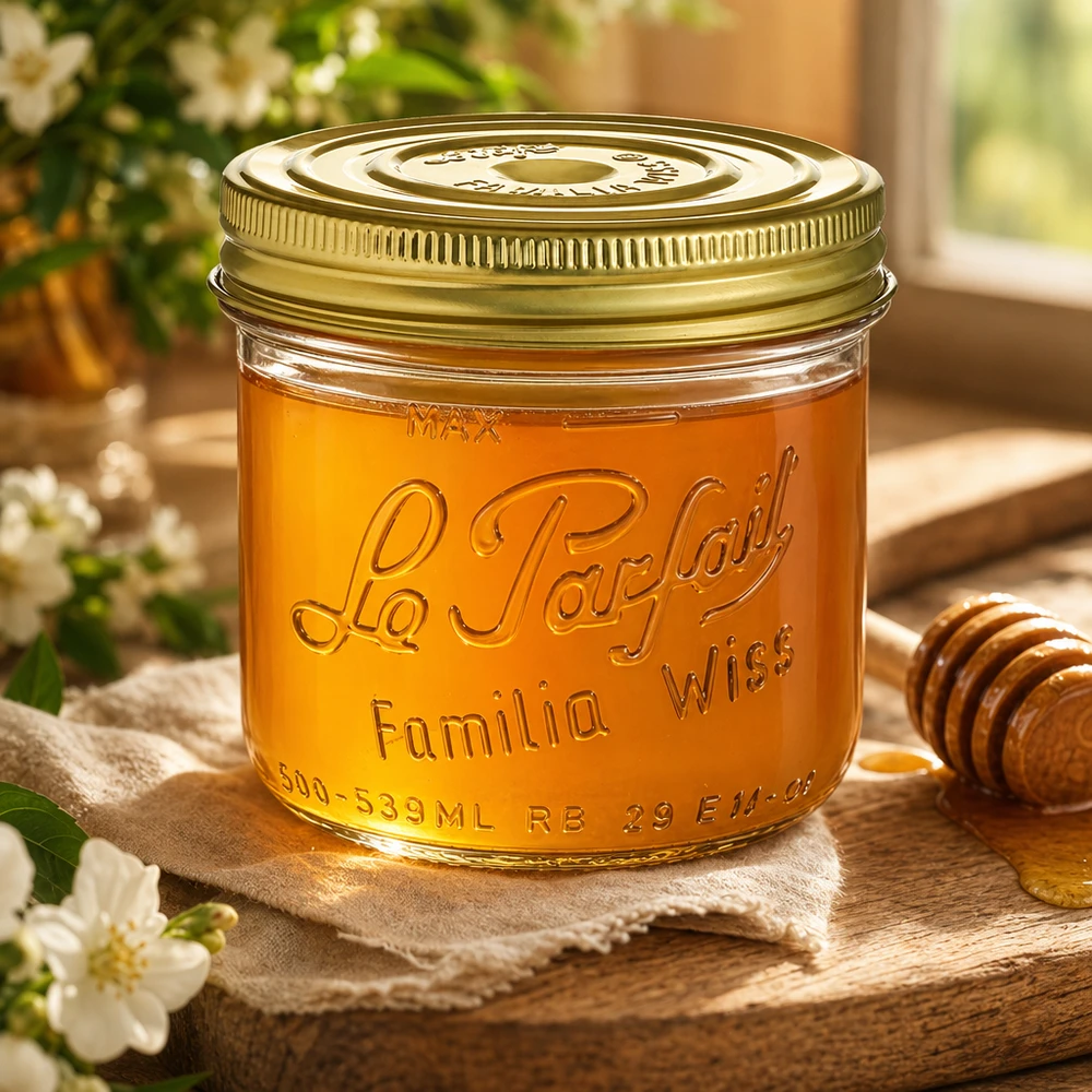 539ml Familia Wiss bekers met gouden deksel gevuld met honing op een houten tafel met honinglepel en bloemen