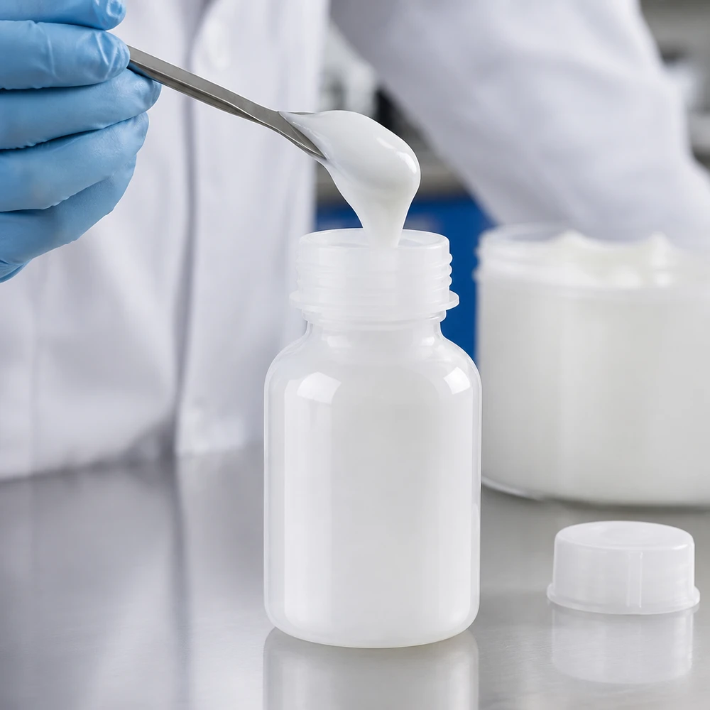 Nauwkeurig afvullen van viskeuze stoffen in een laboratoriumfles met brede hals van 100 ml en schroefdop