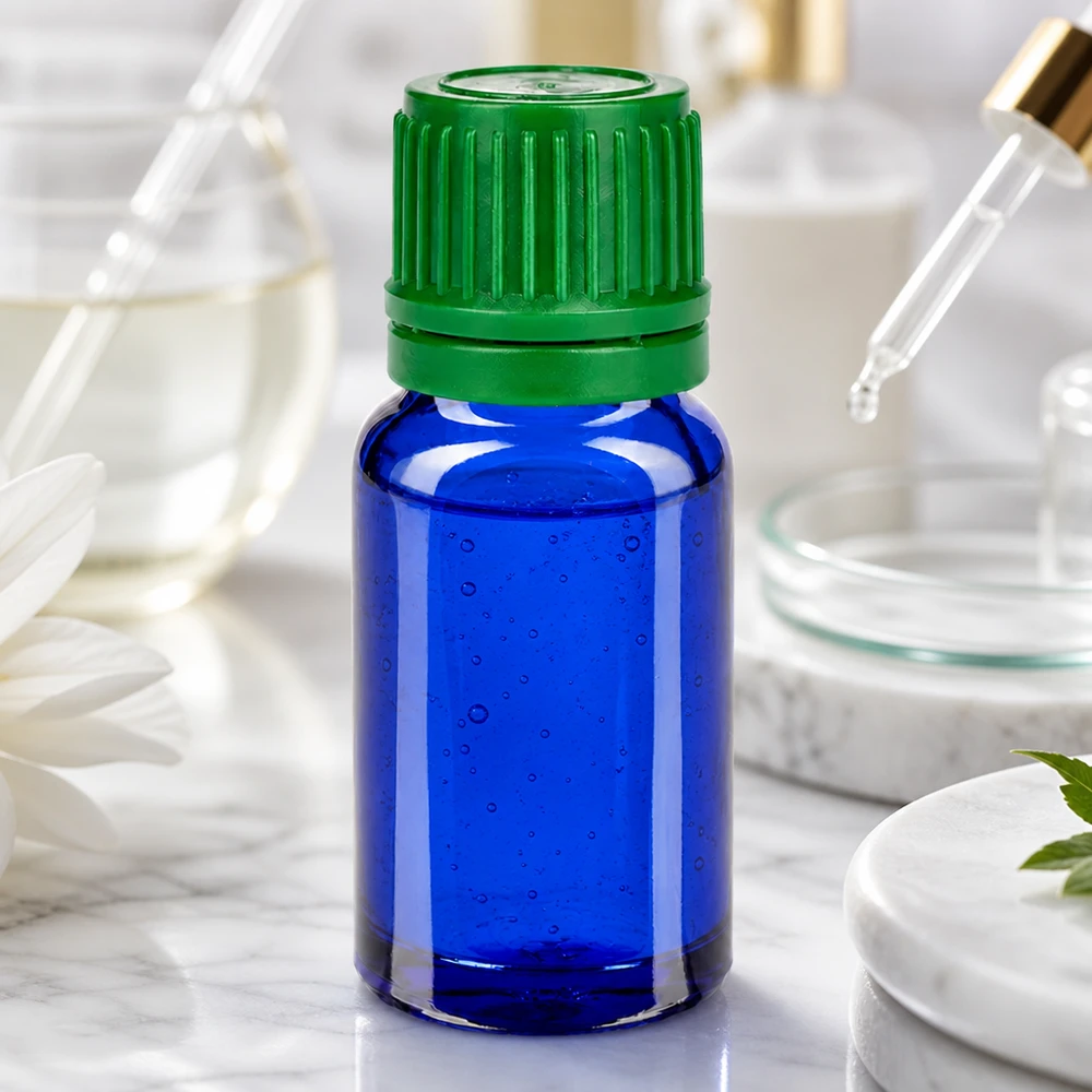10ml flesje 11mm SV groen OV BlueLine UT18/10 Elegant glazen flesje van 10 ml in kobaltblauw met contrasterende groene dop voor hoogwaardige producten