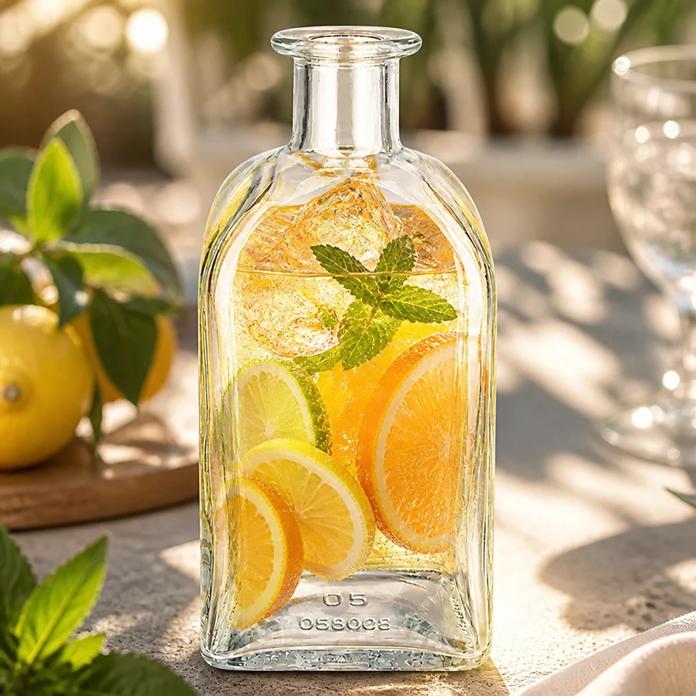 500 ml Julia glazen fles gevuld met citrusvruchteninfusie en munt in een zonnige tuin als verfrissend drankje