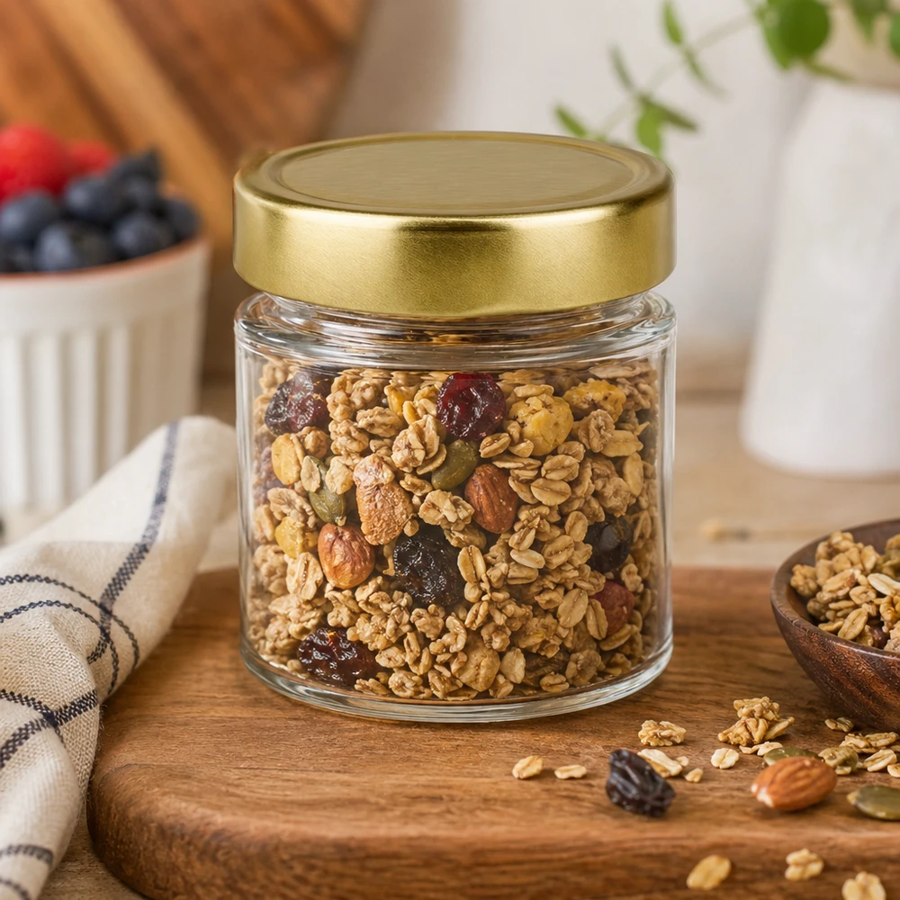 154ml ronde pot BasicSeal goud gevuld met notenmix walnoten amandelen sultana's muesli granola houten tafel keuken
