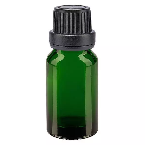Groenen glazen flessen 10ml met zwart schroefsluiting dicht. VR Groenen glazen flessen 10ml met zwart schroefsluiting dicht. VR