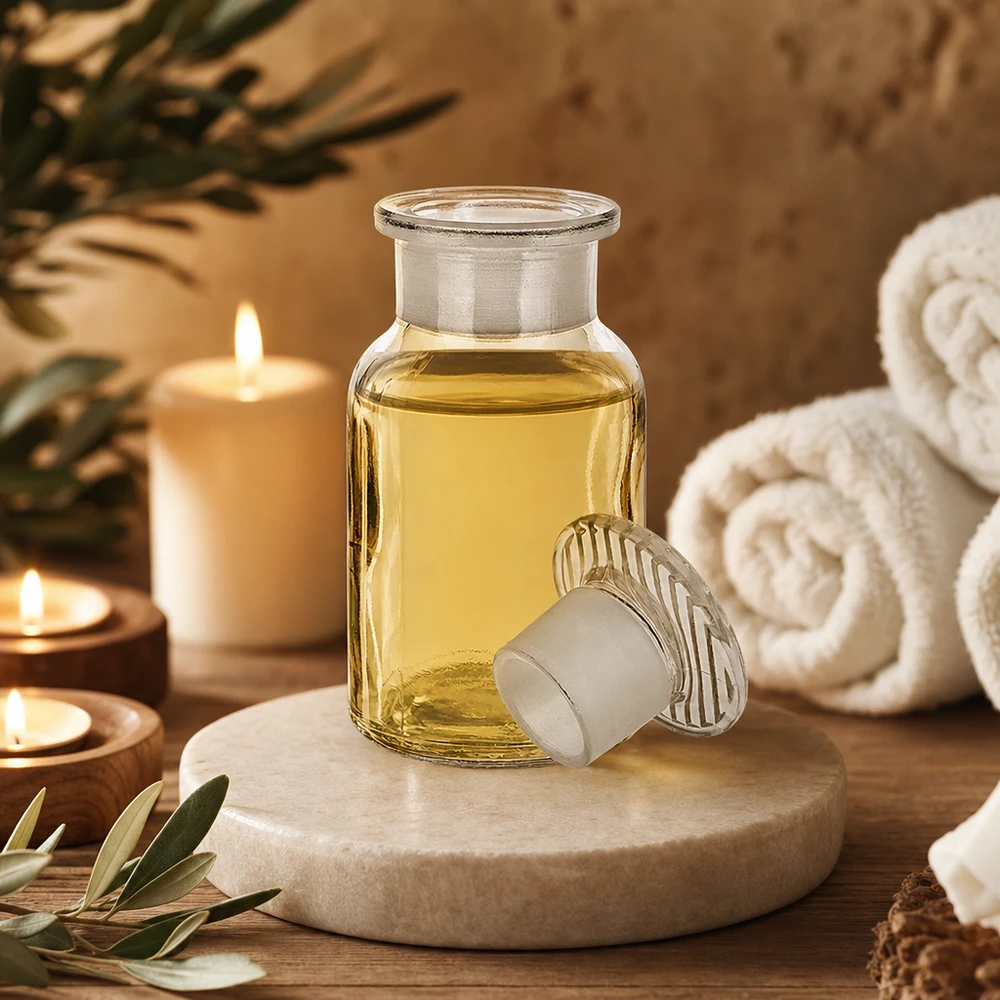 Decoratieve glazen fles van 100 ml, helder, met ronde schouders en brede hals, voor de badkamer en wellness