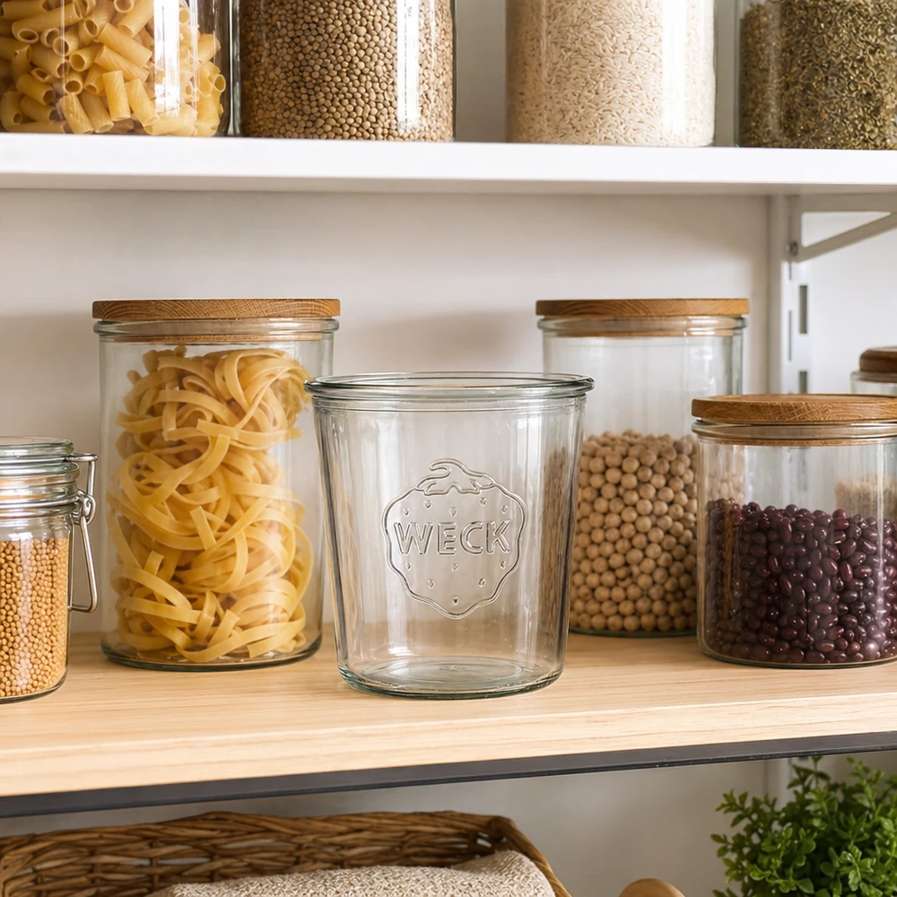 WECK RR100 voorraadpot 580ml in keuken met voorraadpotten voor pasta, peulvruchten en granen op houten plank
