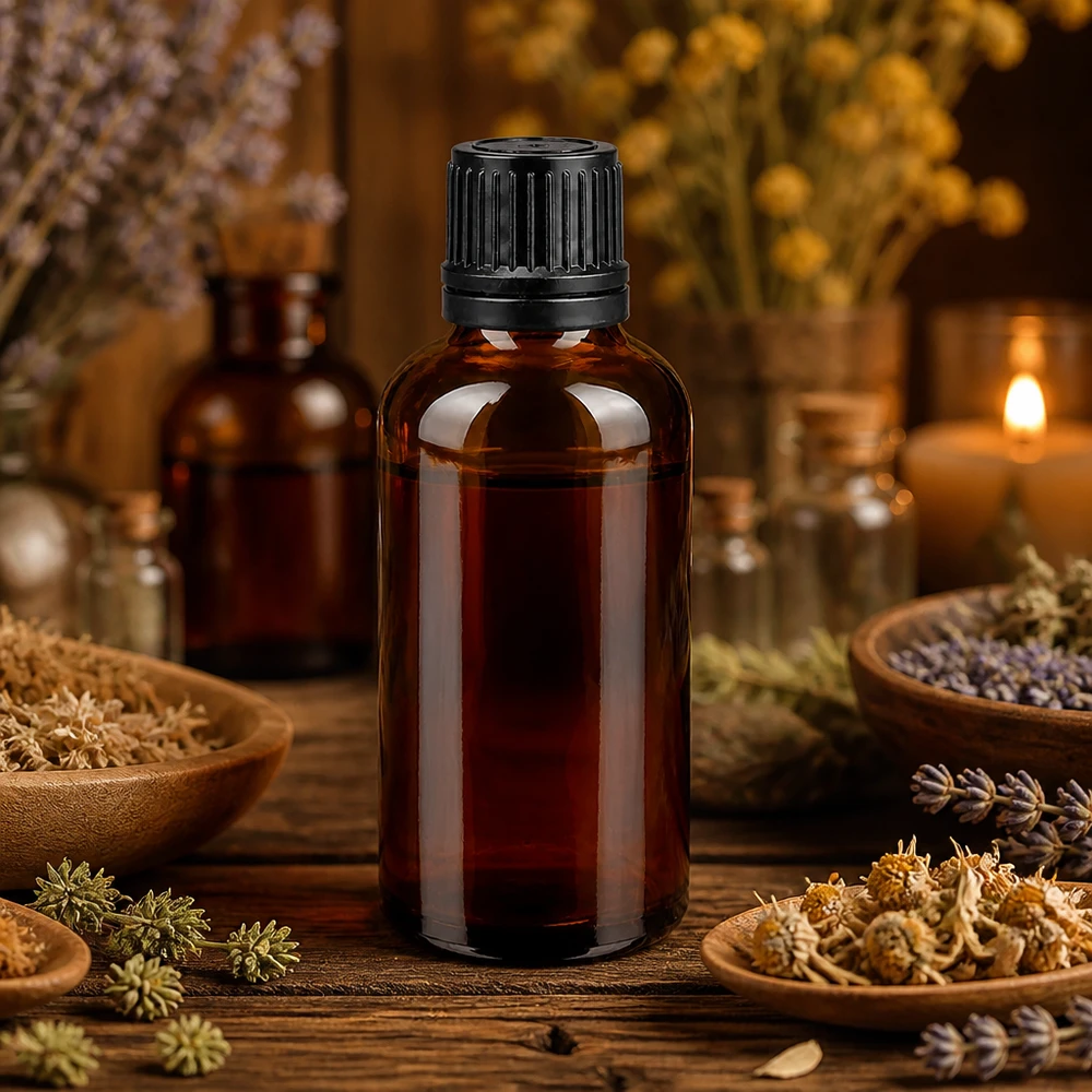 Kleine glazen fles van 50 ml in bruin met zwarte dop voor het nauwkeurig doseren van essences