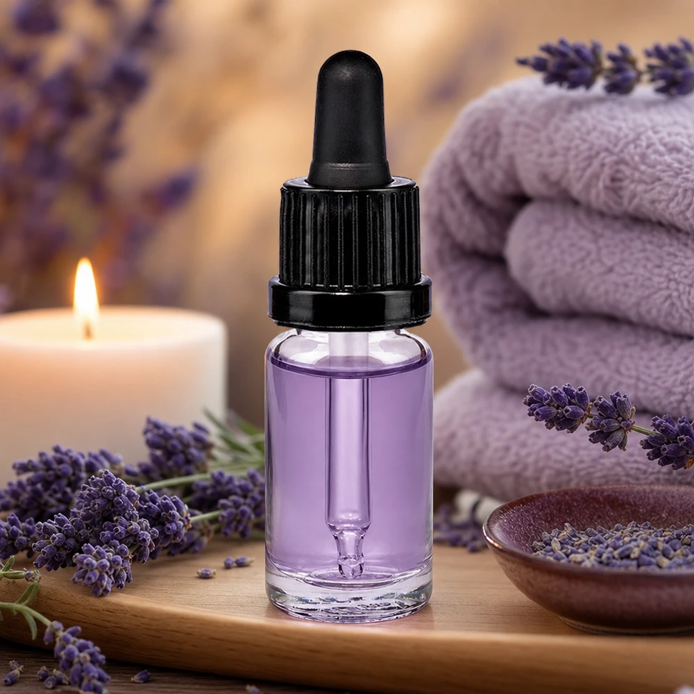 Pipetflesje van 10 ml met paarse lavendelolie, een zwarte OV-druppelaar en een kaars in een spa-omgeving