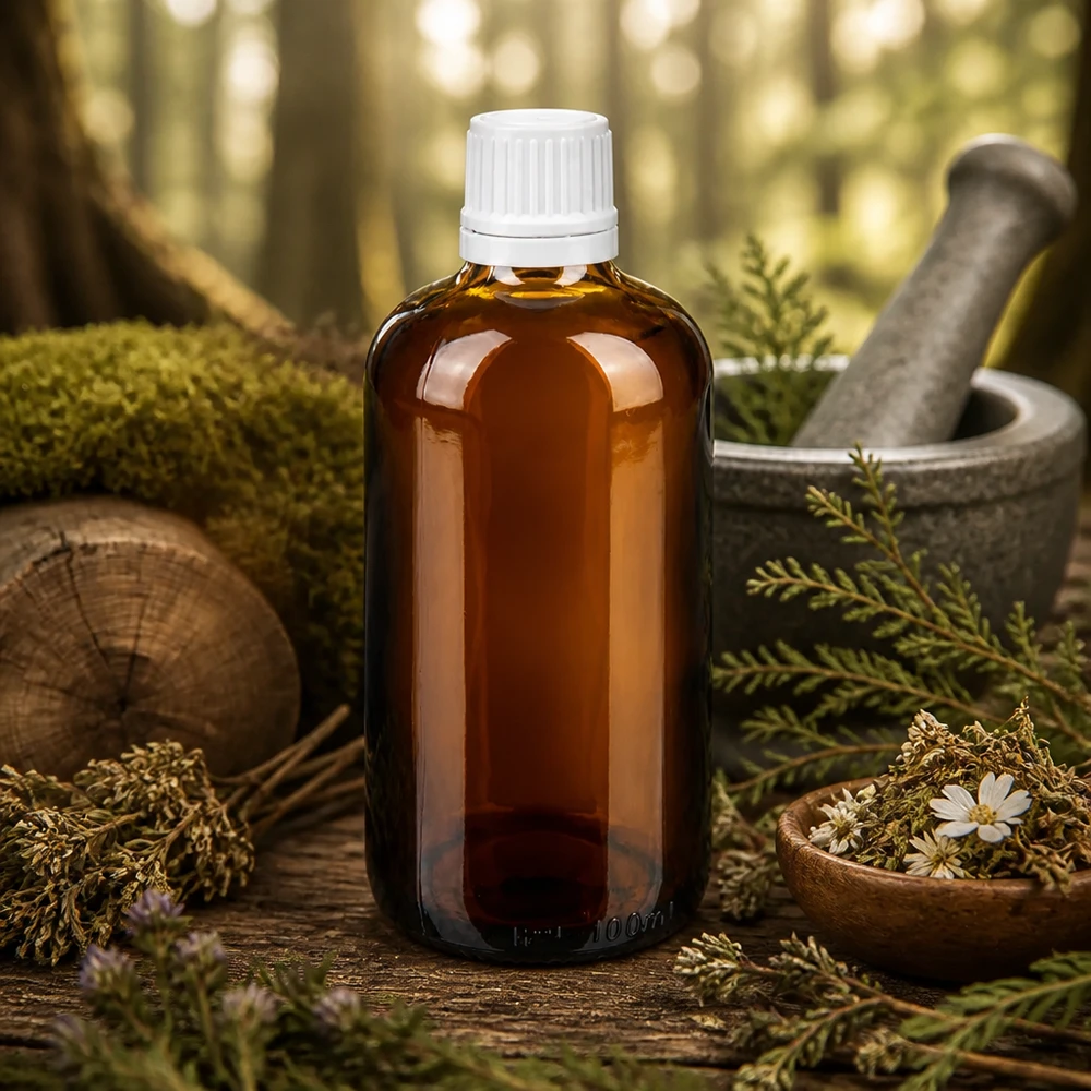 Apothekersdruppelflesje van 100 ml van bruin glas met op de achtergrond een kruidenmorter en -stamper