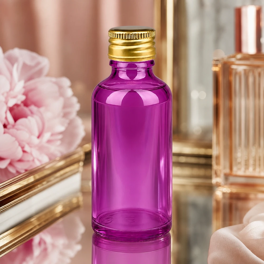 50ml flacon 11mm schroefdop aluminium gouden standaard PurpleLine. UT18/50 Decoratieve glazen fles van 50 ml in paars met aluminium dop voor stijlvolle productverpakking en -display