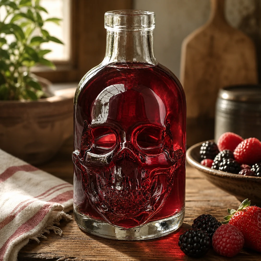 Totenkopf Glasflasche Jack 200ml mit roter Flüssigkeit befüllt neben Beeren rustikale Küchendekoration UNiTWIST