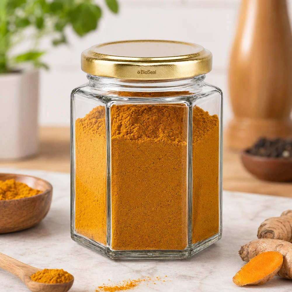 Hexa196 potje met gouden TO58 BioSeal deksel gevuld met kurkumapoeder in een keukenscène met gember