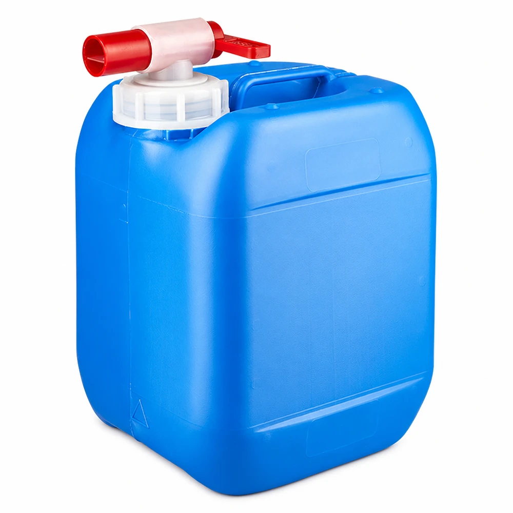 Compacte blauwe jerrycan van 5 liter met handgreep en rode aftapkraan voor op de camping