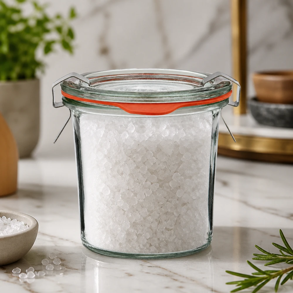 Idee voor een glazen kruidenpotje: WECK mini-stortglas 140 ml WECK-pot van 140 ml met rode rubberen ring voor zeezout en kruiden