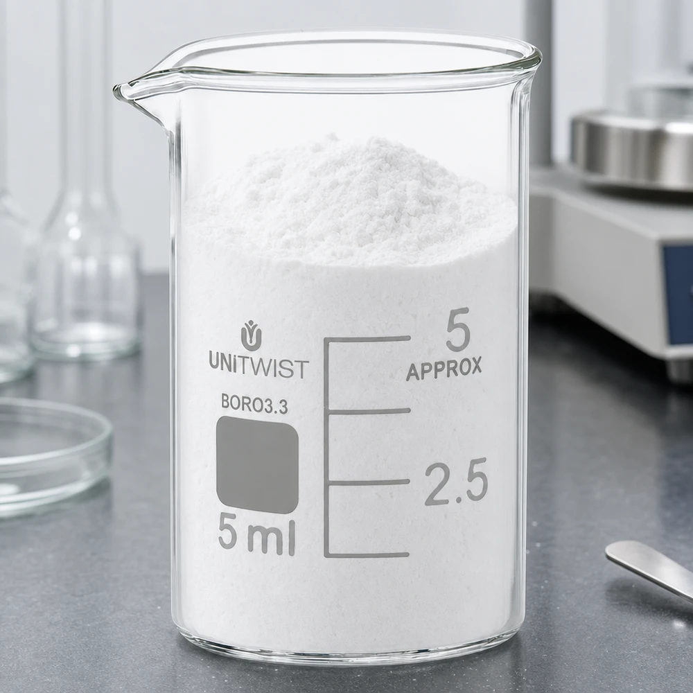 UNiTWIST mini-maatkopje van 5 ml, laag model, gevuld met poeder, naast de analyseweegschaal in het laboratorium