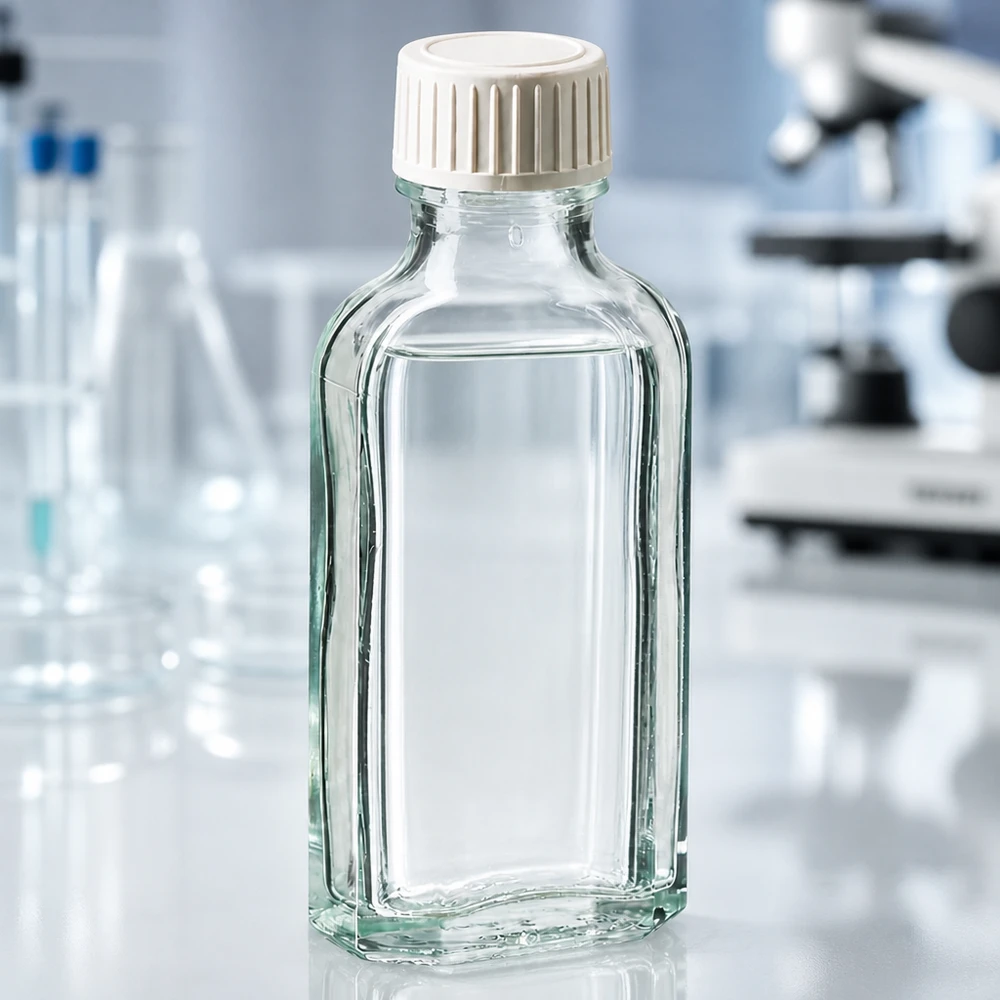 Meplat-fles van 50 ml van helder glas met een afdichtende schuimrubberen dop voor chemicaliën