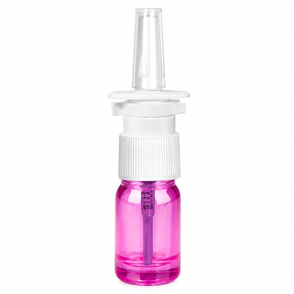 Handig 5ml neussprayflesje met transparant paarse body en praktische doseerspuit