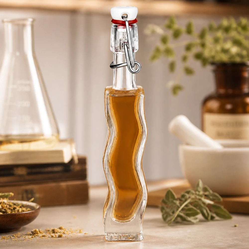 40ml glazen fles Anna gevuld met honingkleurige vloeistof in een rustieke keuken met kruiden en glaswerk