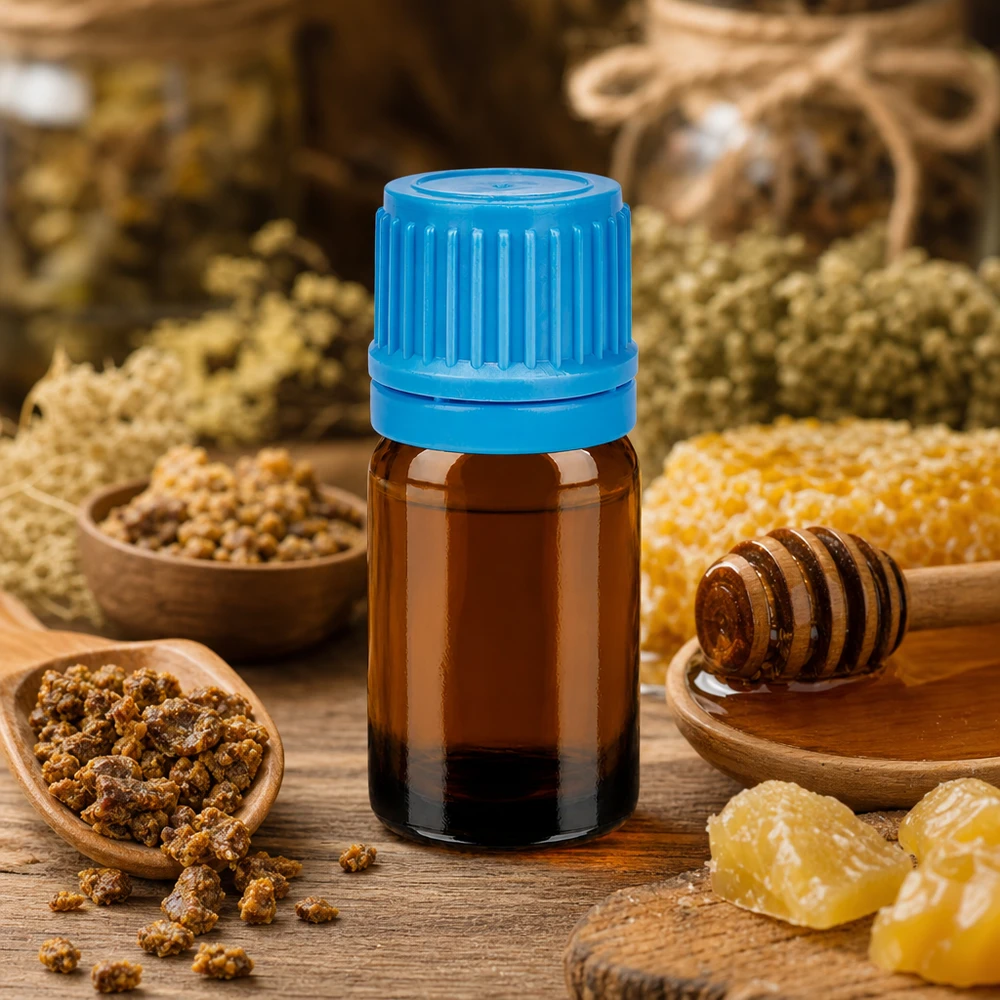 Compact 5ml amberkleurig glazen flesje met blauwe dop perfect voor homeopathie en natuurgeneeskunde