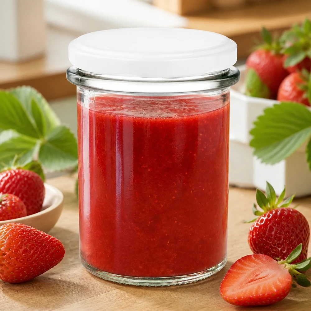 214 ml rond glas + BasicSeal-deksel wit UNiTWIST Doorzichtig glazen potje van 214 ml met aardbeienpuree en een wit kunststof deksel BasicSeal van UNiTWIST